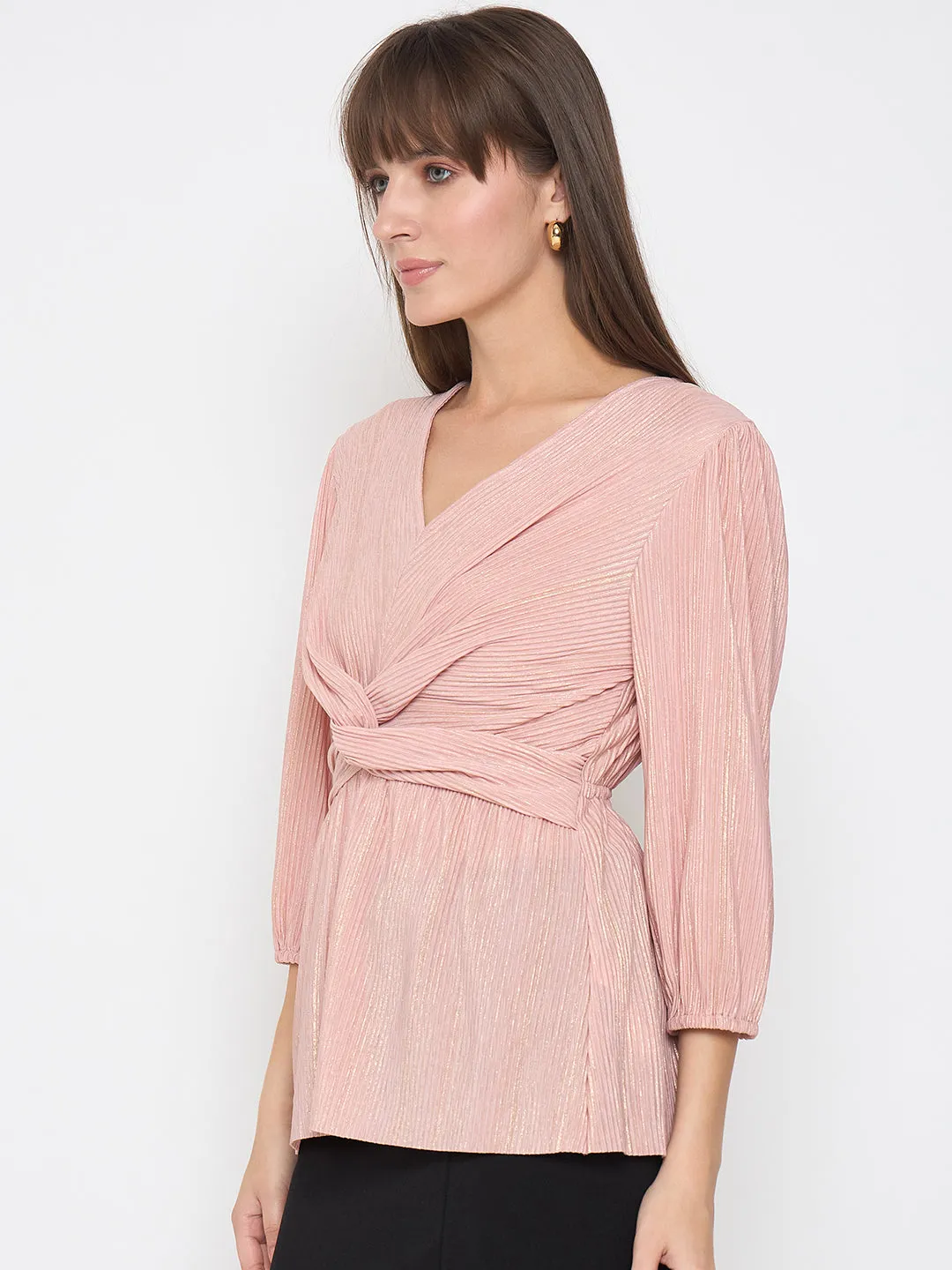 Madame Pliss Self Design Front Knot Peach Top Fashion Layers Happy Core