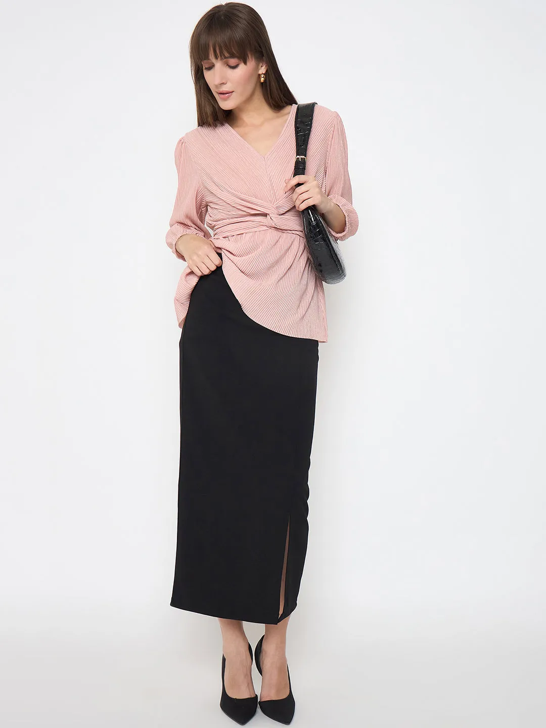 Cotton Glow Warm Tracksuit Madame Pliss Self Design Front Knot Peach Top