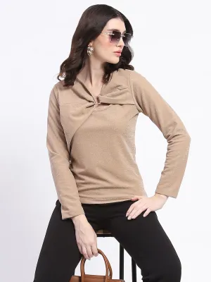 casual sneakers Madame Ring Detailed Embellished Asymmetrical Neck Solid Beige Top