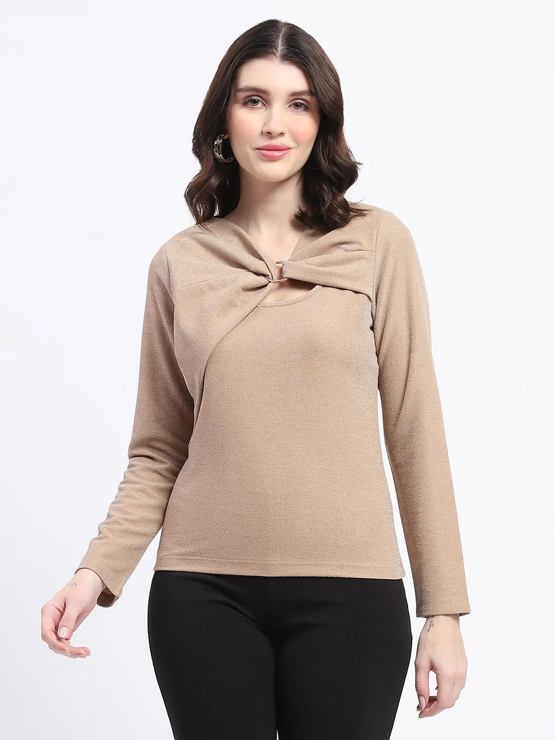 Madame Ring Detailed Embellished Asymmetrical Neck Solid Beige Top OekoTexCertified Breathable mesh lining