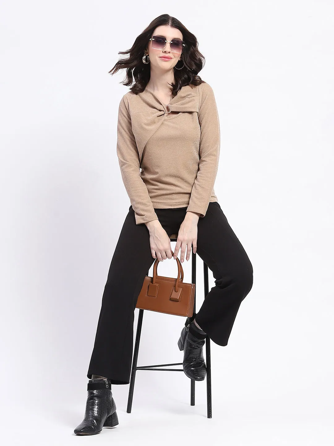 Madame Ring Detailed Embellished Asymmetrical Neck Solid Beige Top Polish Glow