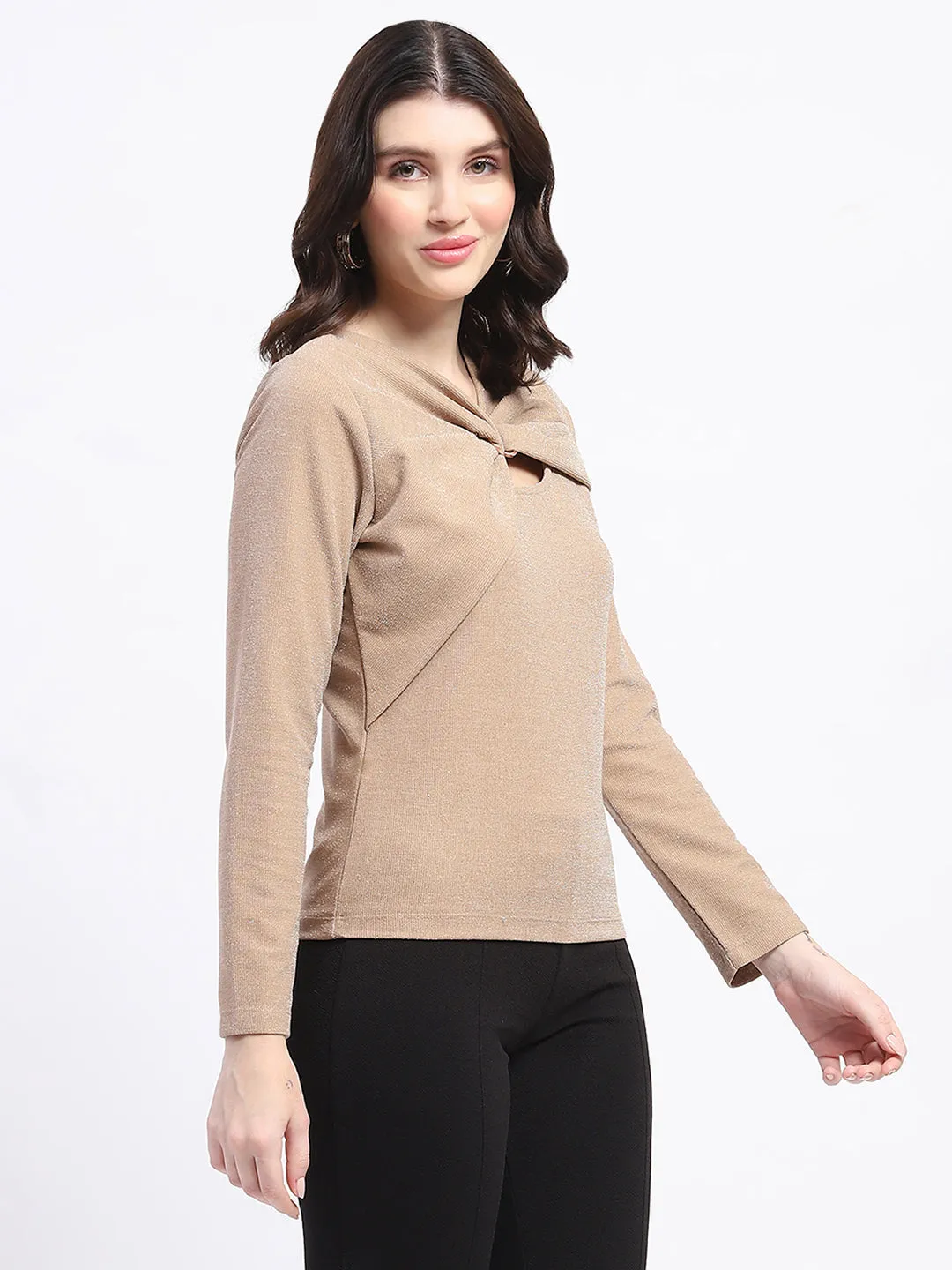 Relax Mode Madame Ring Detailed Embellished Asymmetrical Neck Solid Beige Top