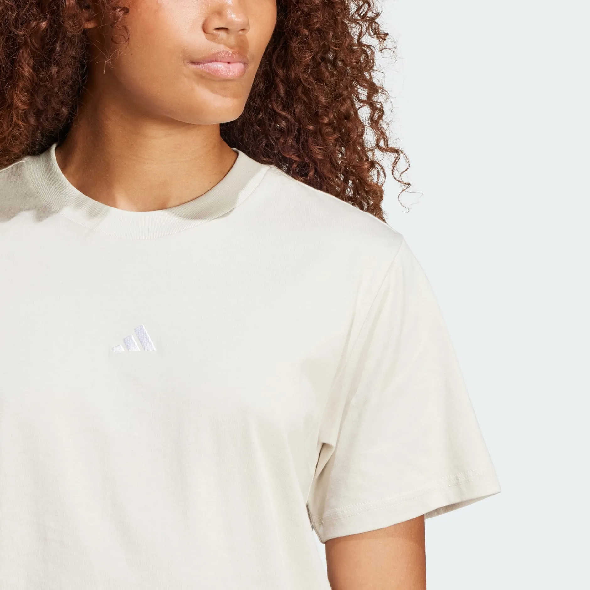 Adidas Womens Small Logo Beige Tee Easy Wear Look Fun and Playful