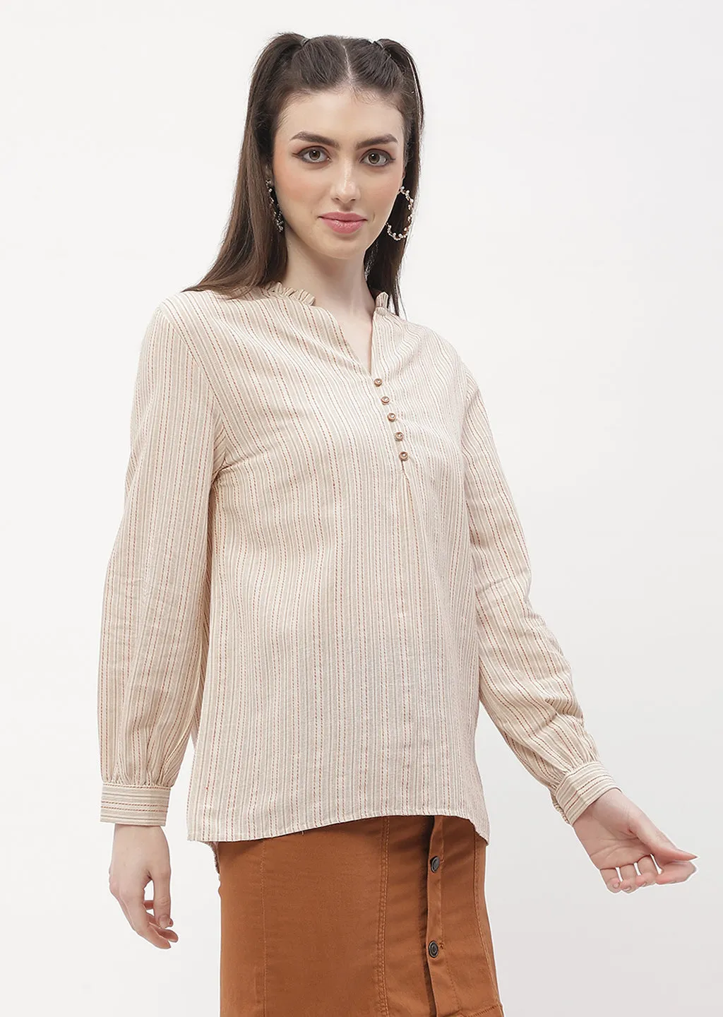 Basic Core Layering Piece Madame Ruffle Mandarin Collar Beige Striped Top