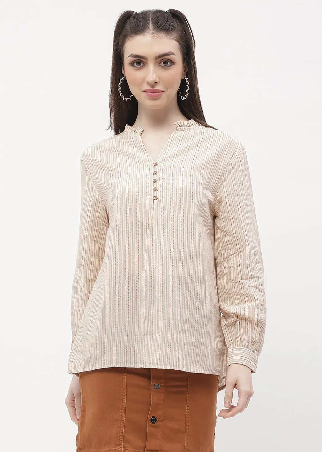 Madame Ruffle Mandarin Collar Beige Striped Top ChafeResistant Seams