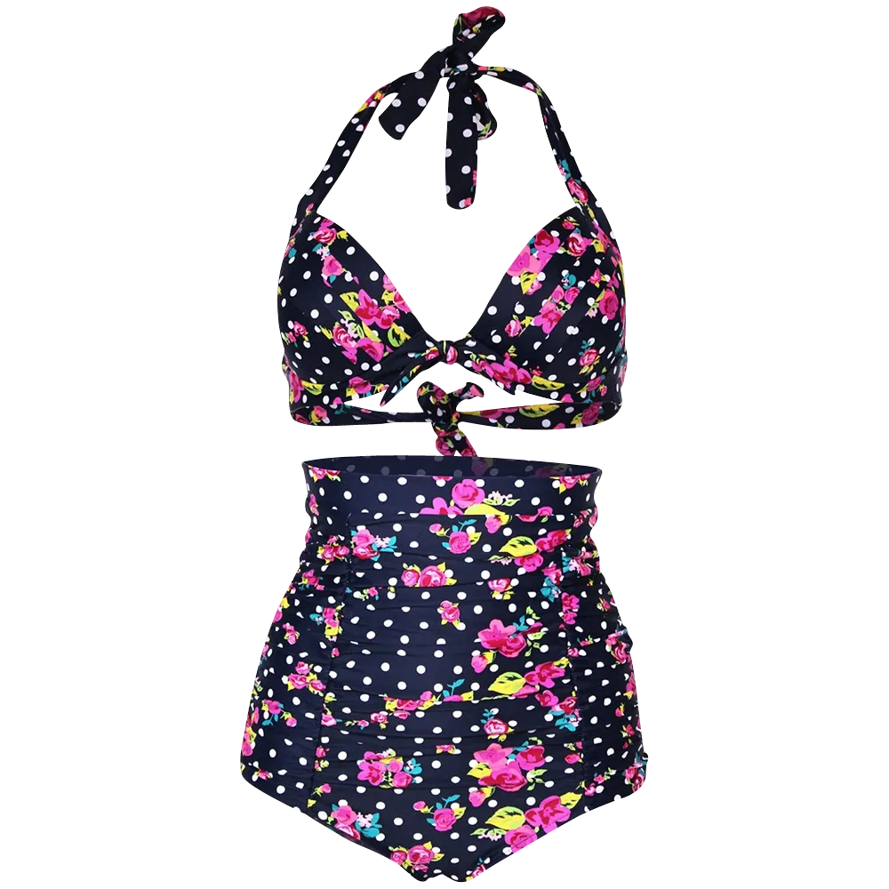 Cocoship Flora Polka Vintage Bikini Swimsuits Swimwear Drive Core MultiPocketDesign