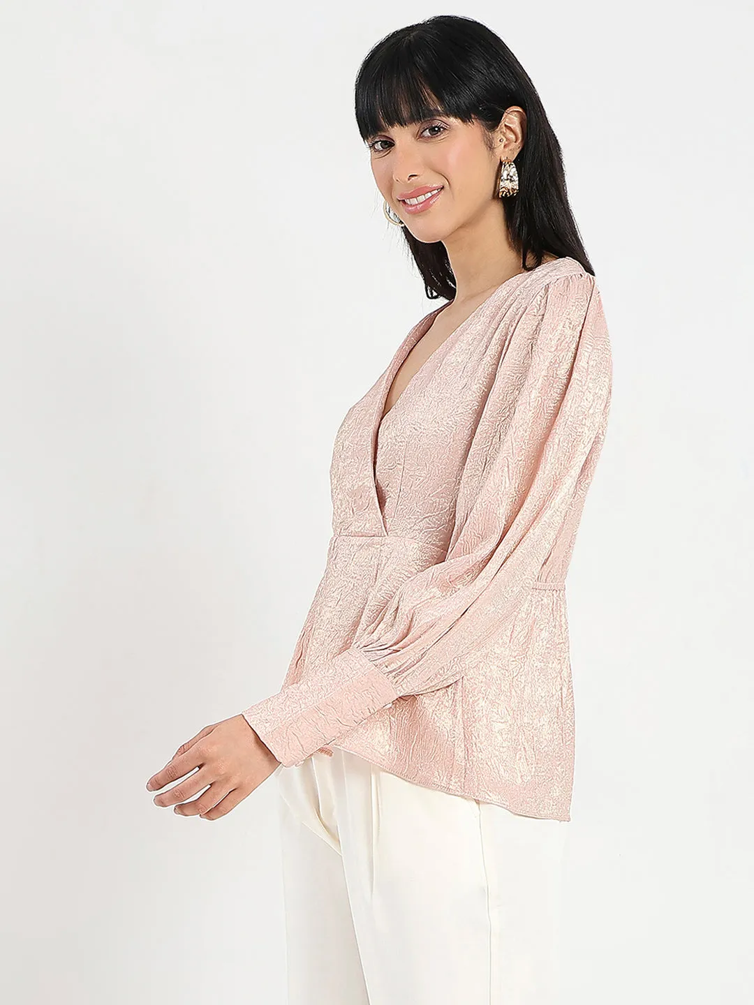 Opaque Core Zero Waste Madame Textured Pleat Detail Cinch Waist Peach Top