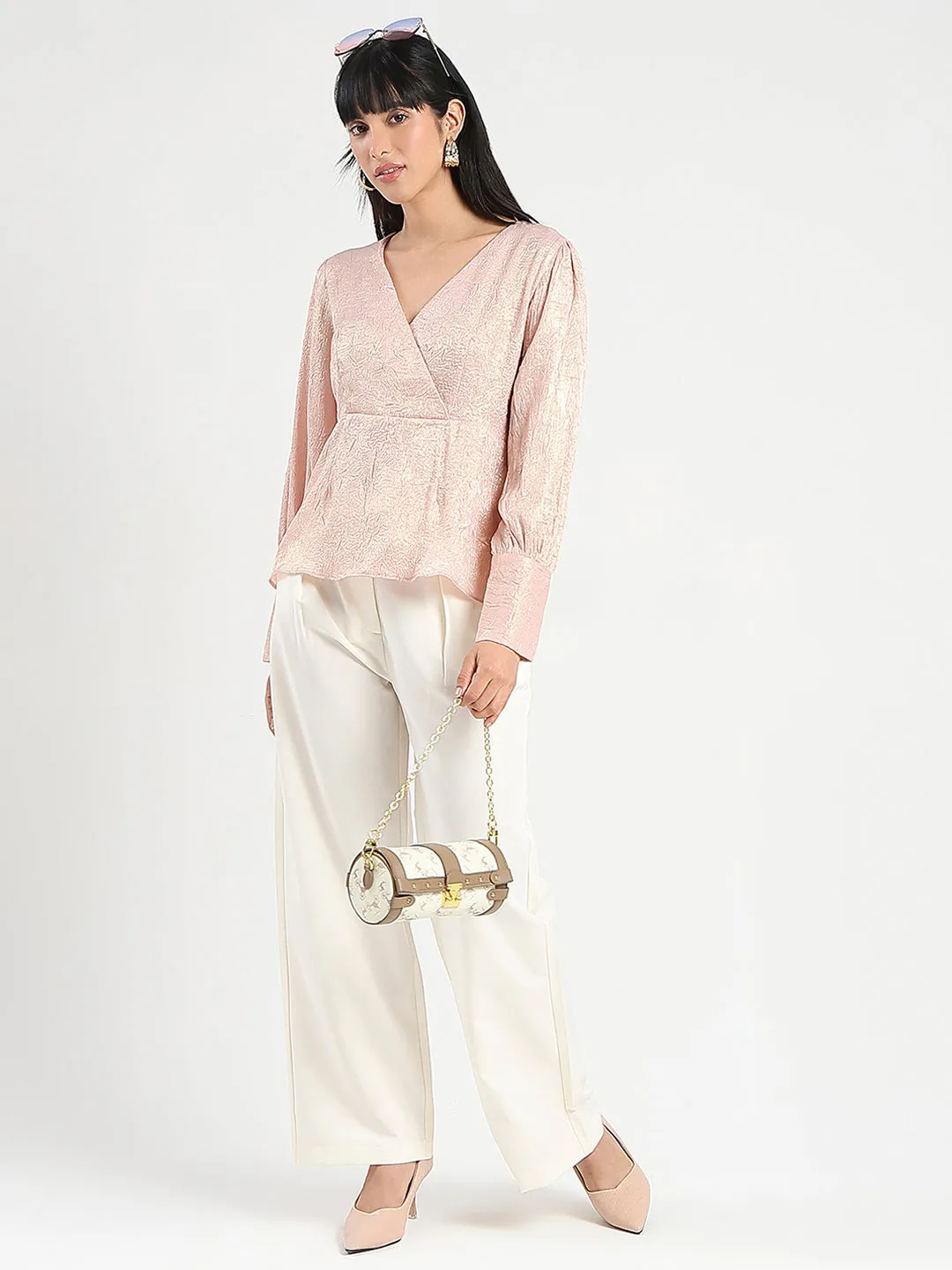 Elastic cuffs Effortless Style Madame Textured Pleat Detail Cinch Waist Peach Top