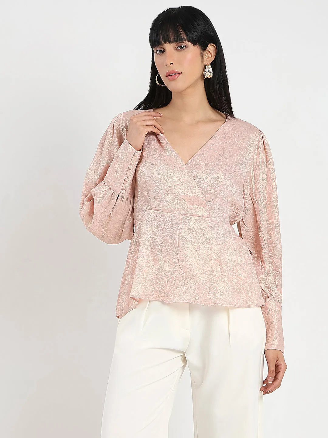 Madame Textured Pleat Detail Cinch Waist Peach Top Classic Design