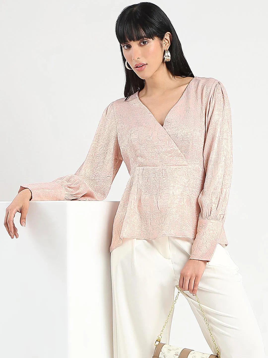 NonSlip Grips Madame Textured Pleat Detail Cinch Waist Peach Top