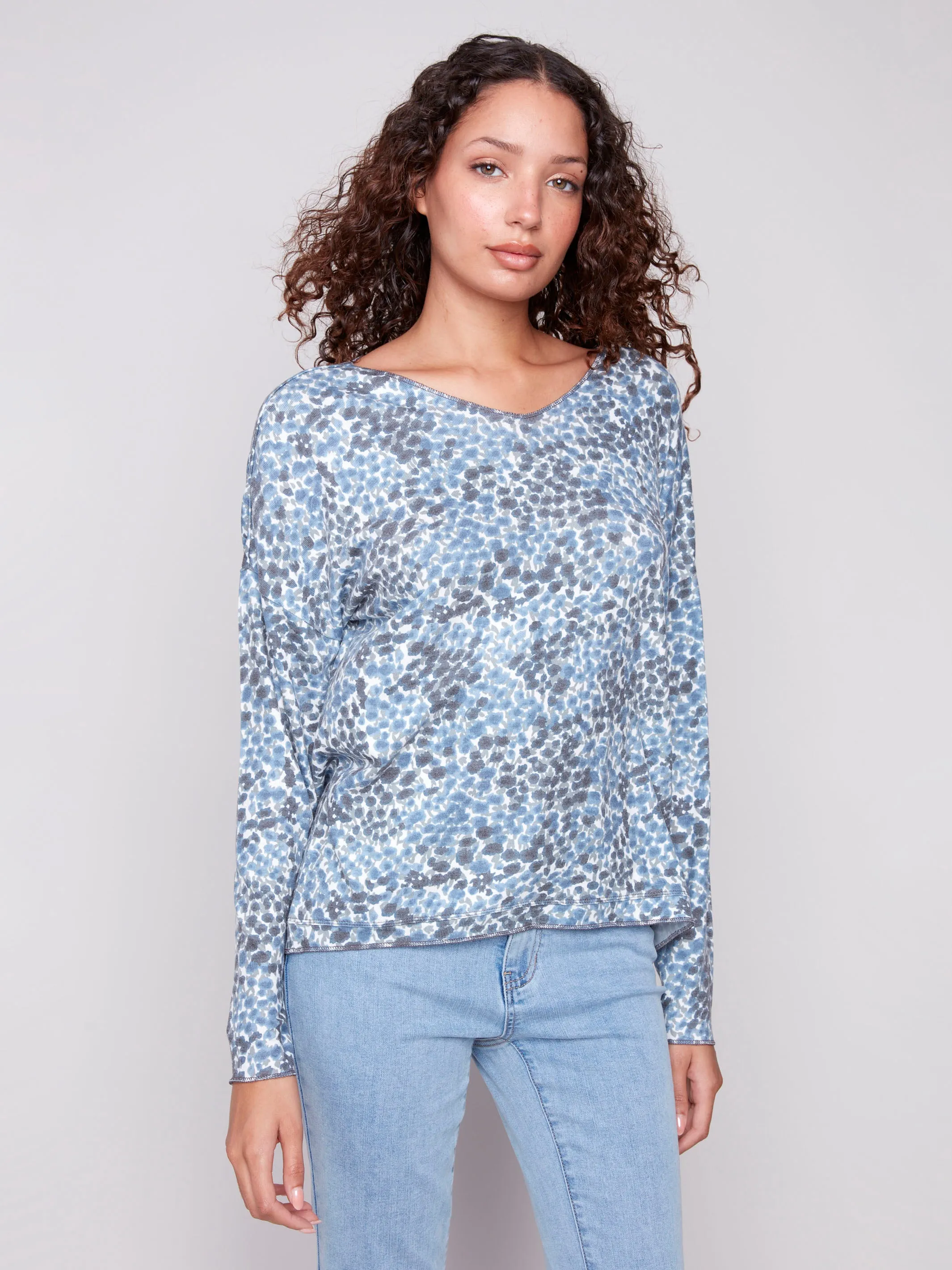 Smile Ease Printed V-Neck Knit Top - Ditsy