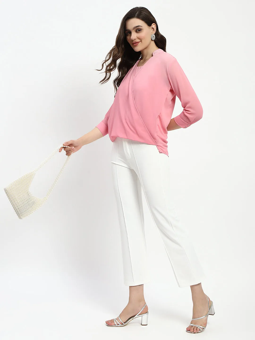 Madame Pink Embellished Wrap Top FlexibleMaterial TaglessNeckline