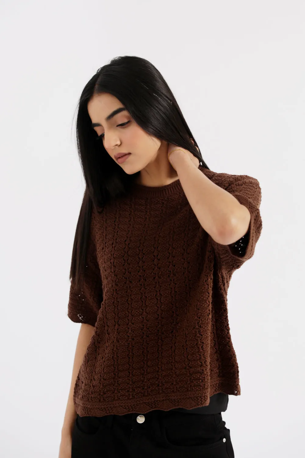 CompressiveFitFabric Calm Tone CROCHET KNIT TOP WITH SCALLOP DETAIL