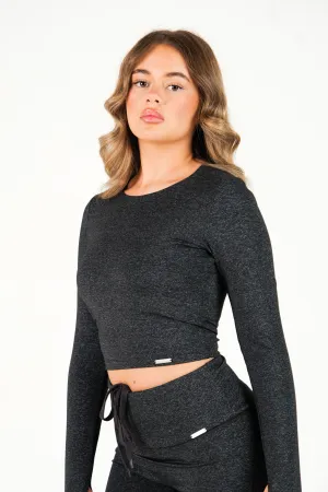 Cropped Built In Bra Long Sleeve Top Black Marl MultiPocketDesign