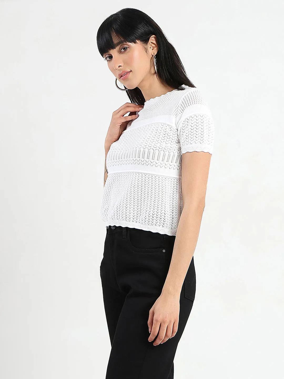 Madame Semi Sheer Knitted Cotton Blend White Top Elite Core