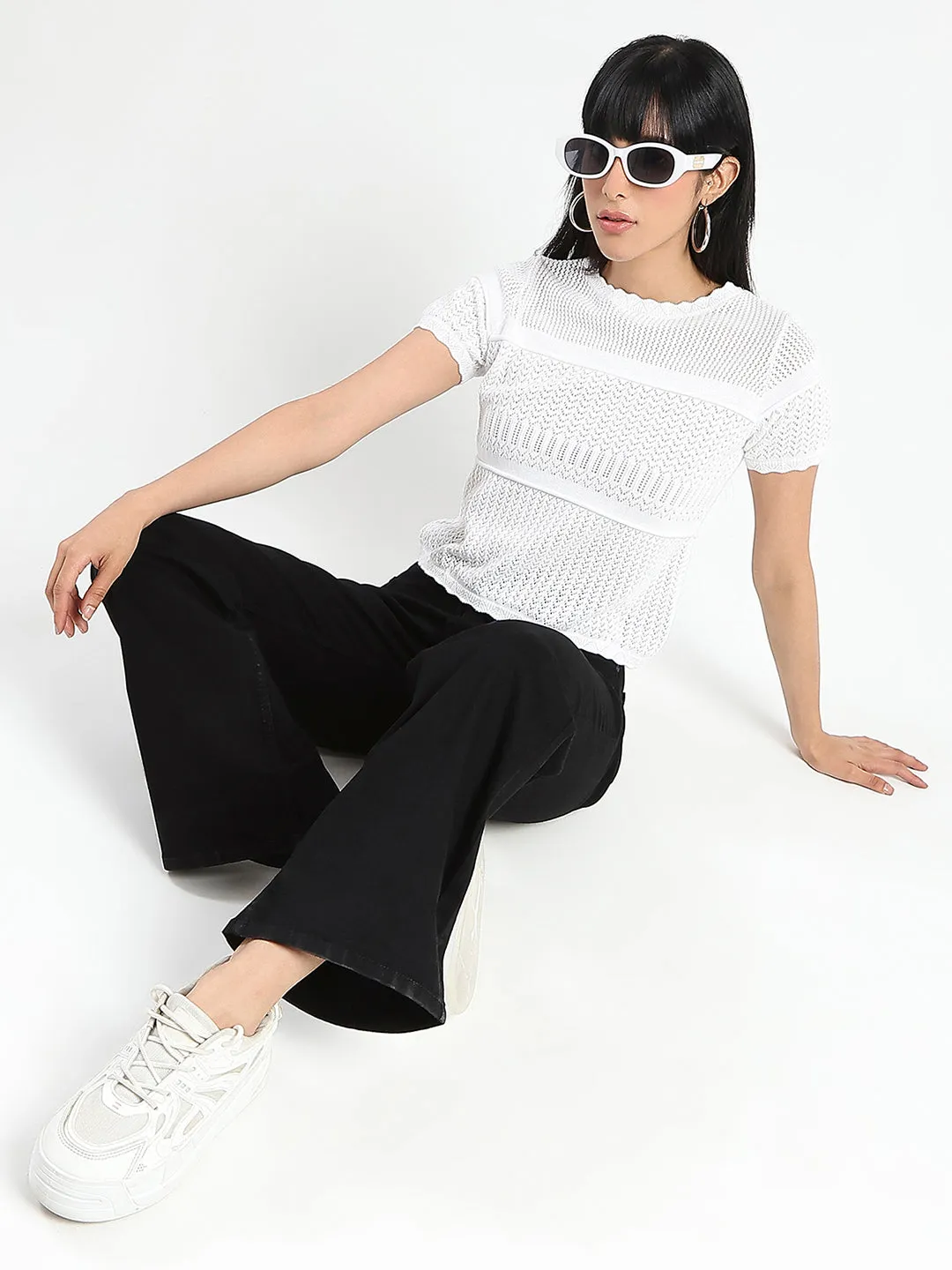 Madame Semi Sheer Knitted Cotton Blend White Top MultiPocket System