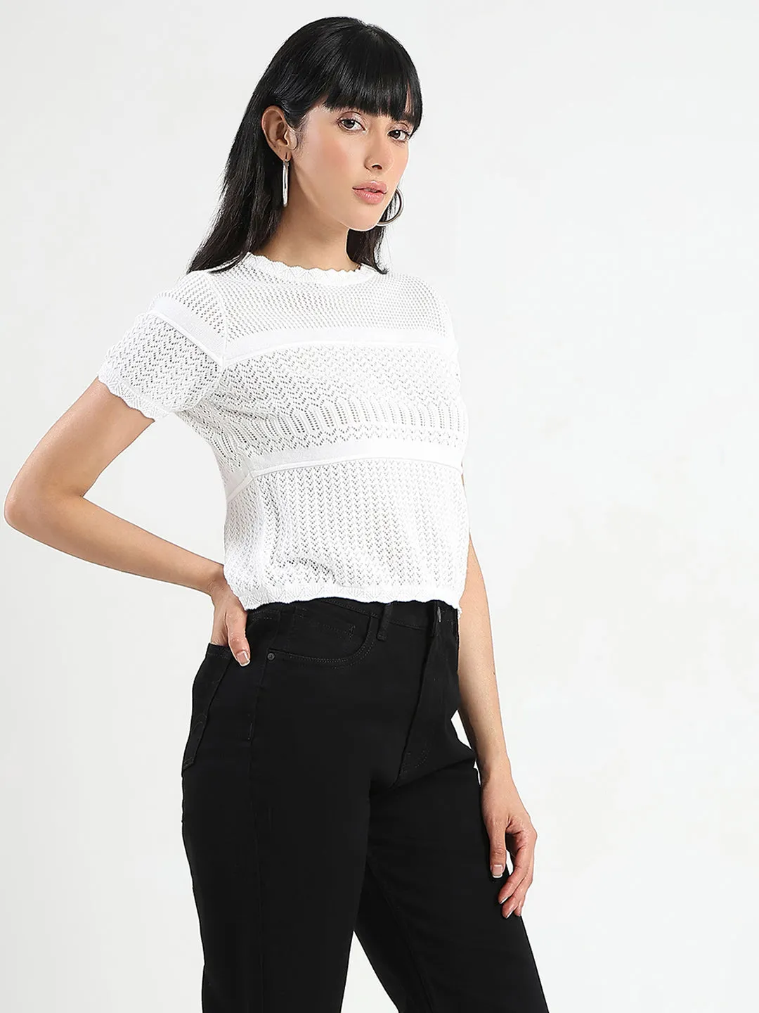 New Day Madame Semi Sheer Knitted Cotton Blend White Top