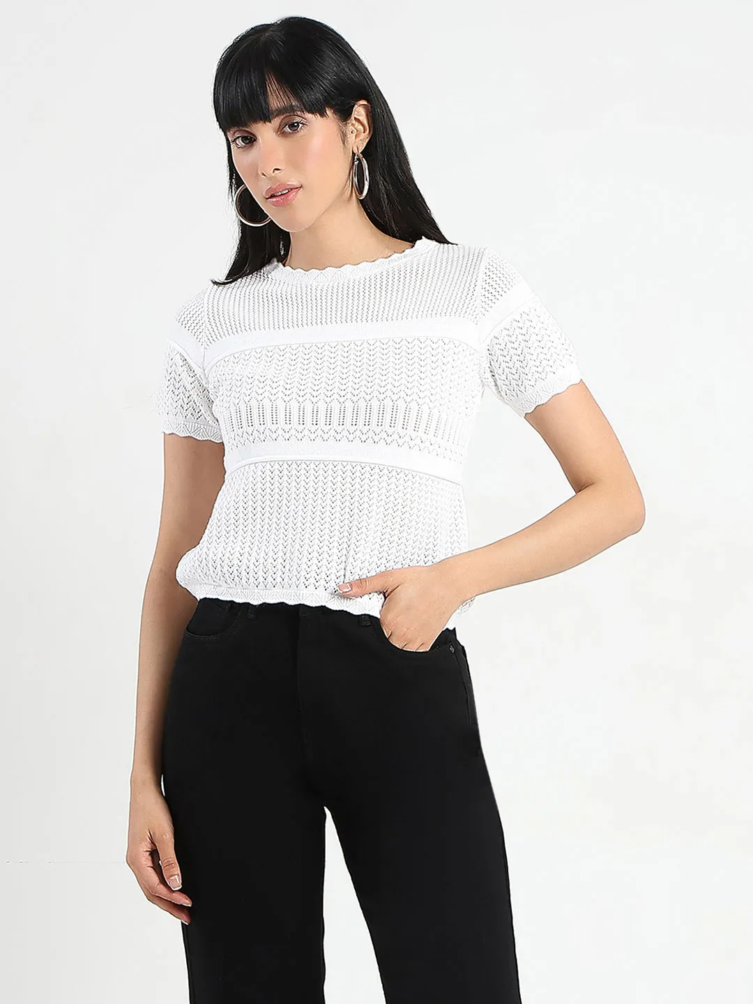 Muse Edge ReinforcedHems Madame Semi Sheer Knitted Cotton Blend White Top