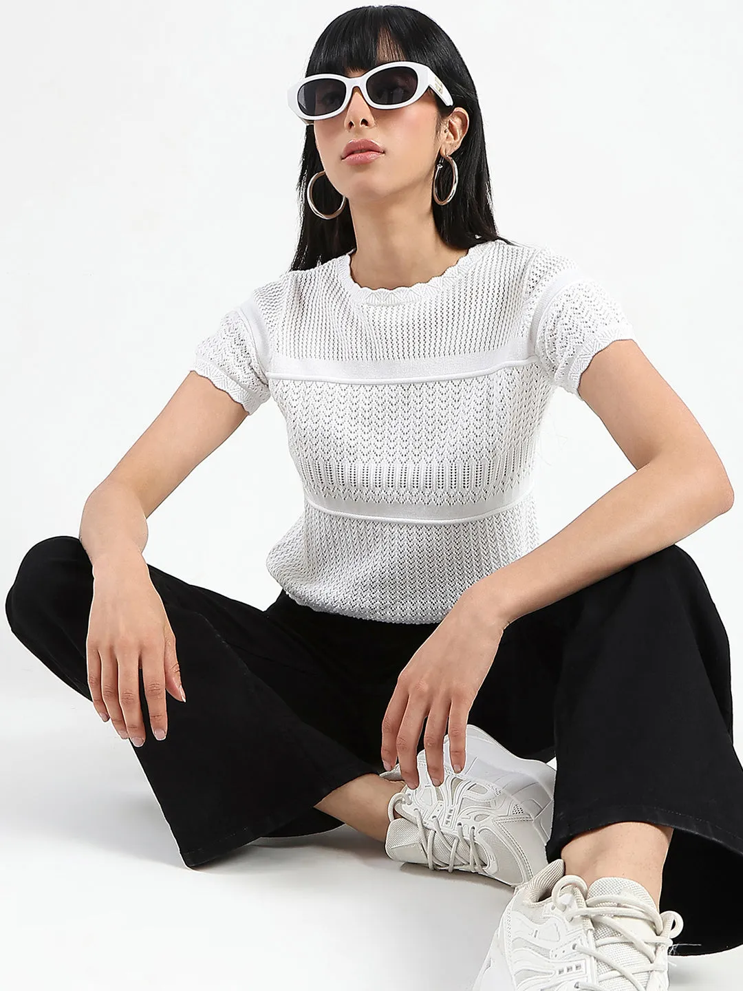 Madame Semi Sheer Knitted Cotton Blend White Top Travel Proof Push Edge