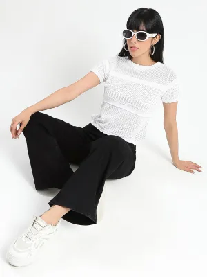 Madame Semi Sheer Knitted Cotton Blend White Top MultiPocket System