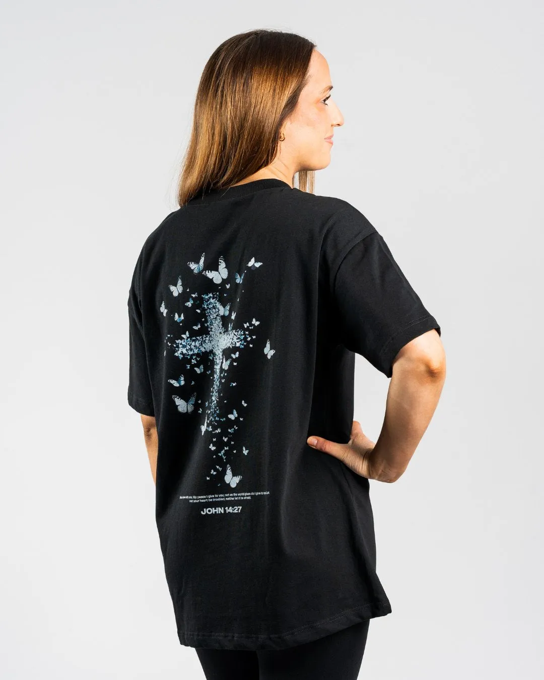 Modern Smart John 14:27 'Butterfly Cross' Women??s Oversized T-Shirt