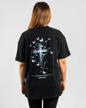 John 14:27 'Butterfly Cross' Women??s Oversized T-Shirt Relaxing Day Spandex Enhanced Elasticity