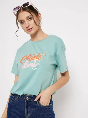 monochromatic Casual Chic Look Madame Crew Neck Green Printed T-Shirt