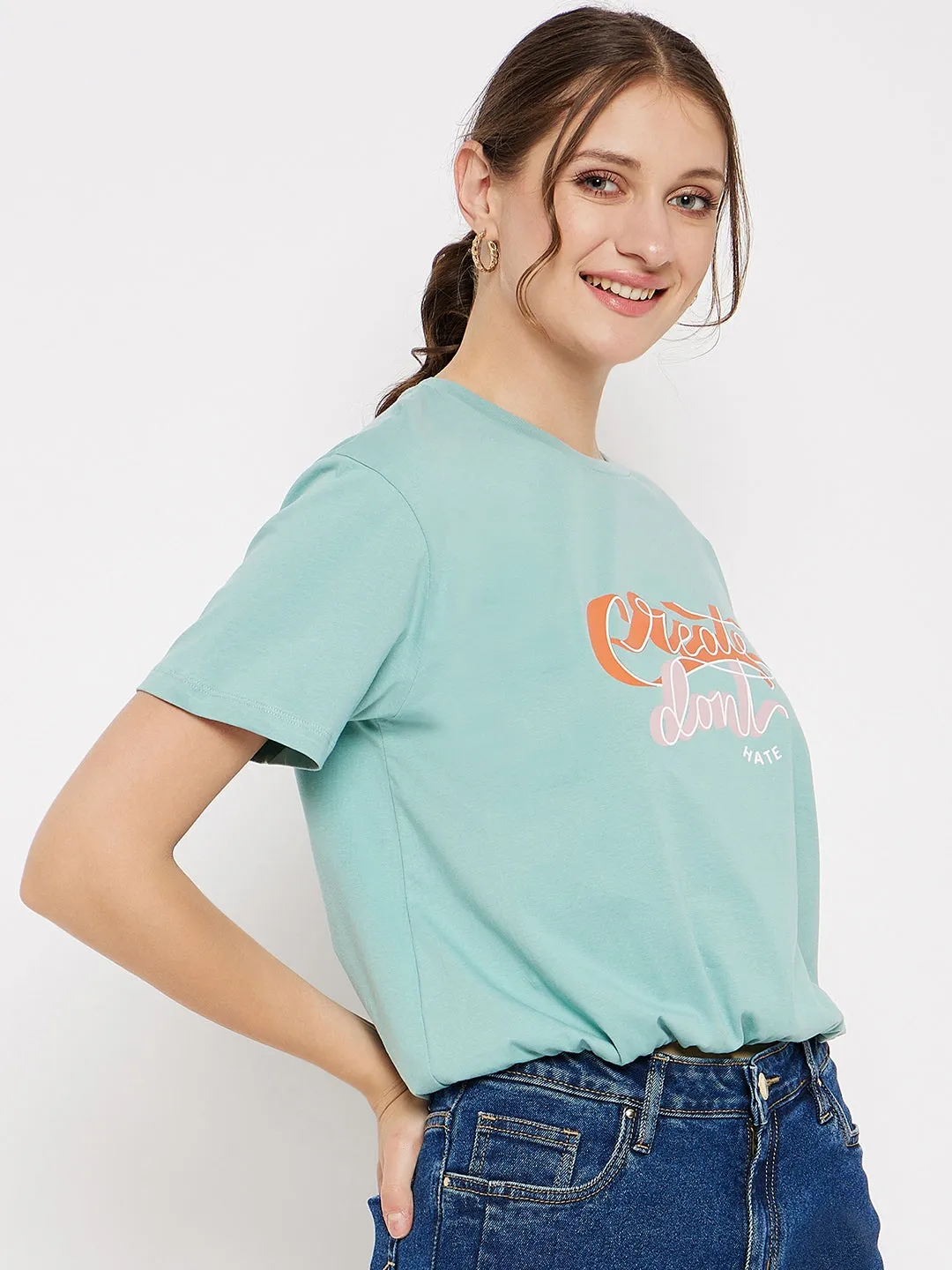 Madame Crew Neck Green Printed T-Shirt Popular
