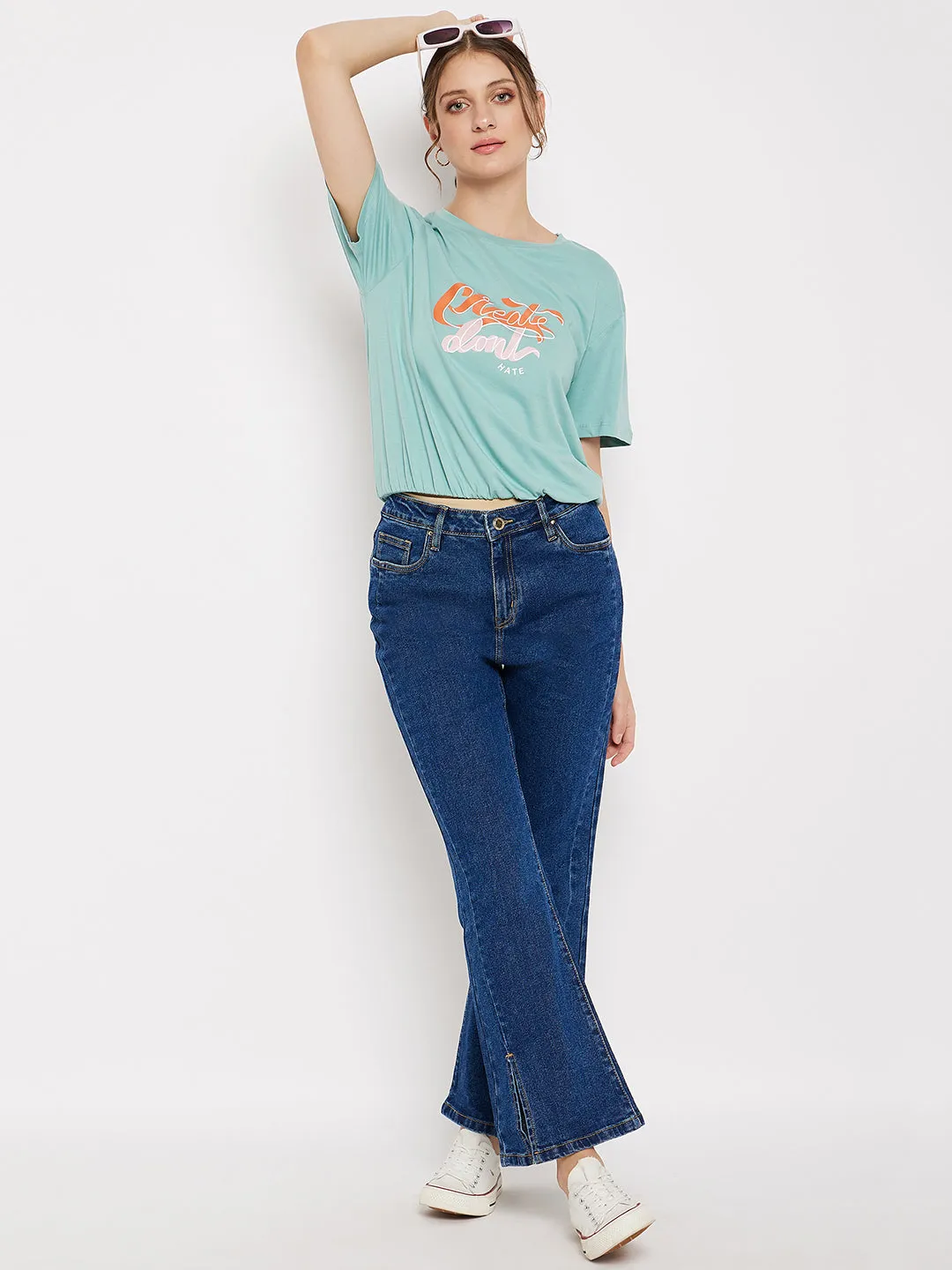Street Smart Look Madame Crew Neck Green Printed T-Shirt