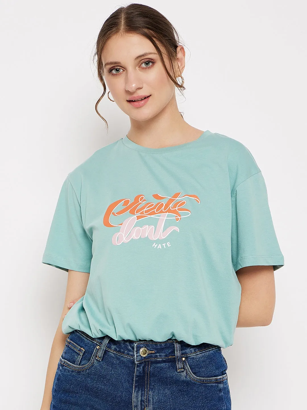 Madame Crew Neck Green Printed T-Shirt Everyday Fashion Look QuickDryTechnology