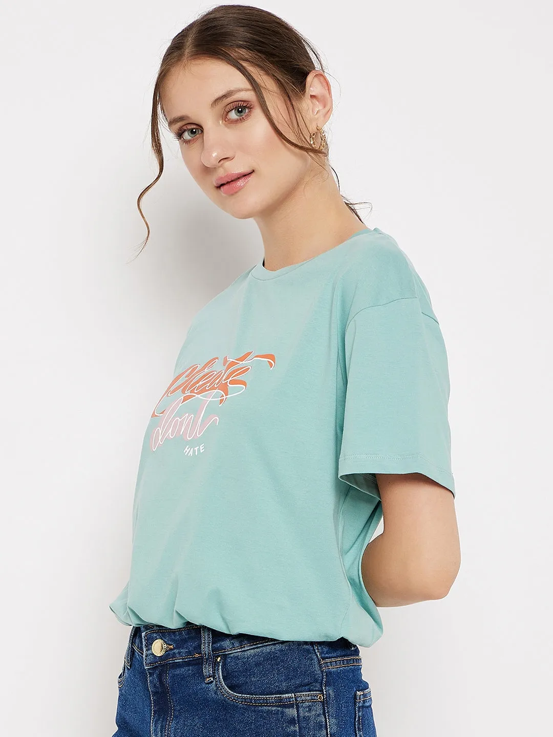 Madame Crew Neck Green Printed T-Shirt MinimalistStitching
