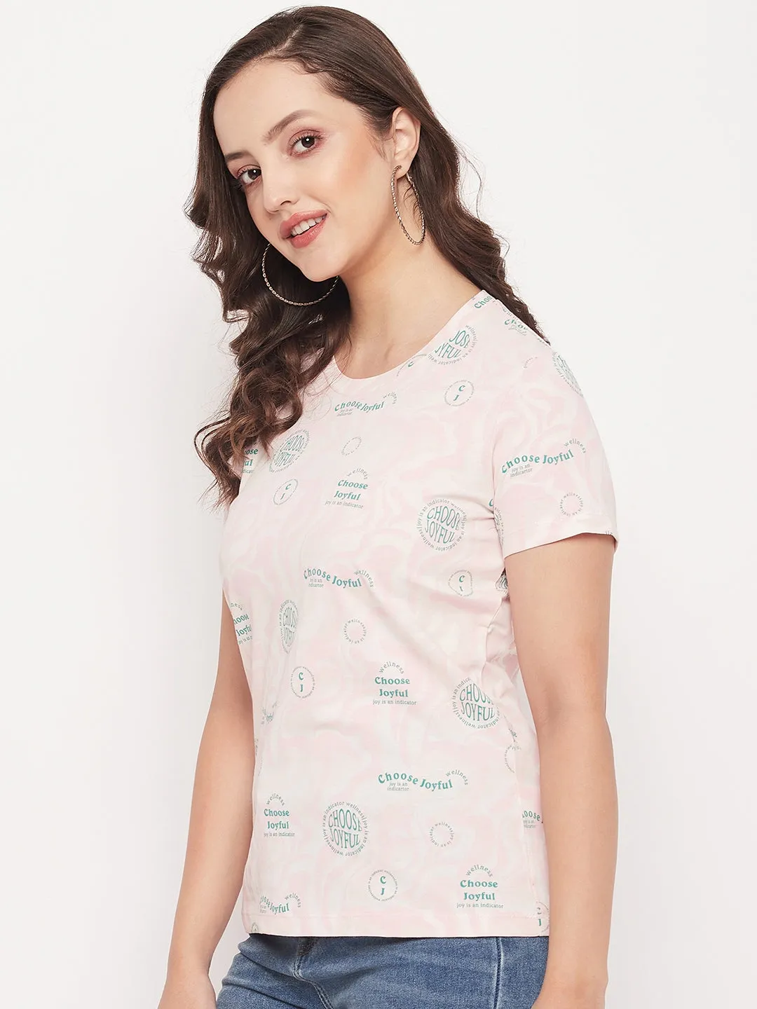 Madame Peach Round Neck Printed Cotton T-Shirt Fashion-Ready