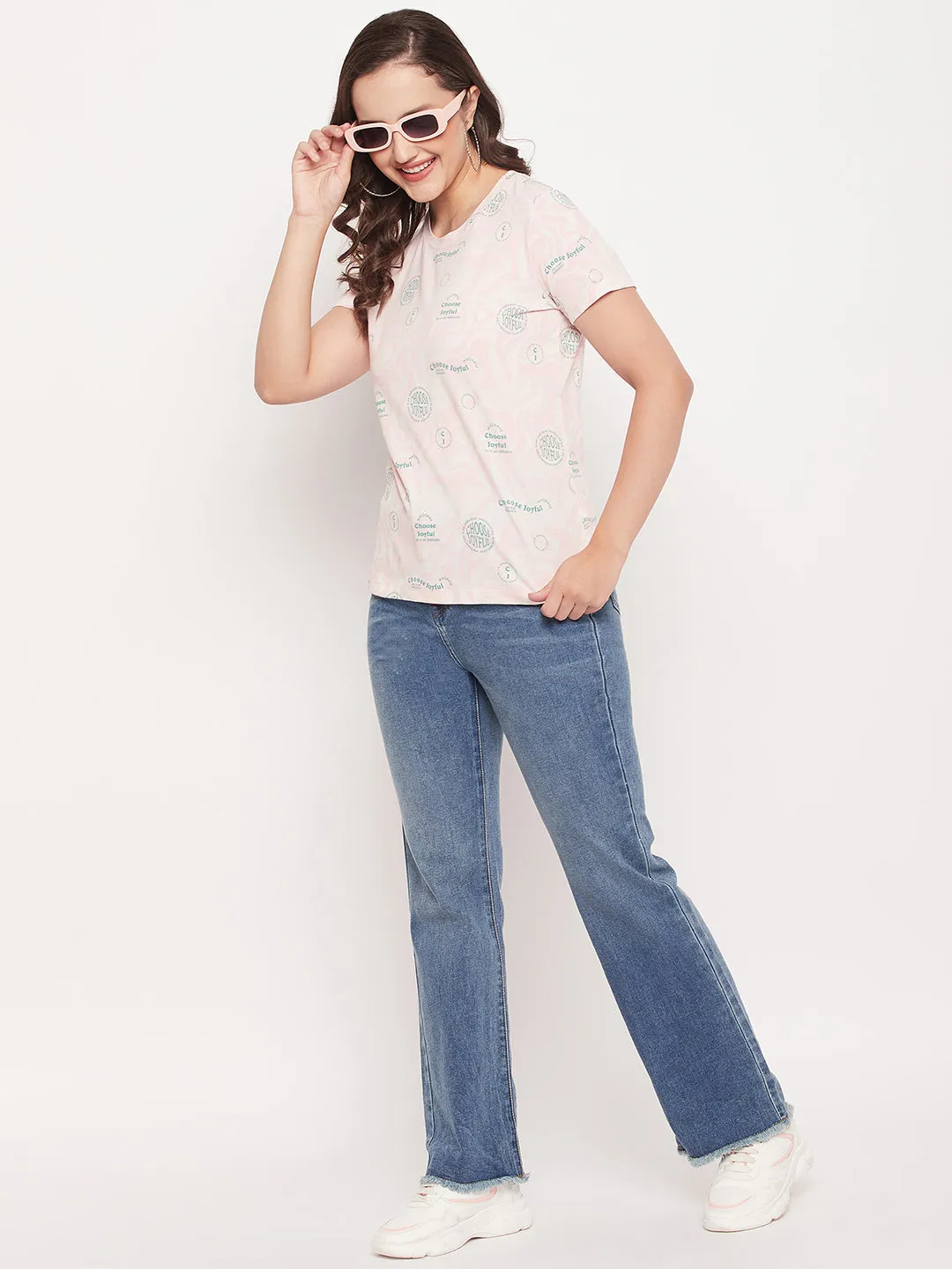 BreathableFabric Classic timelessness Madame Peach Round Neck Printed Cotton T-Shirt