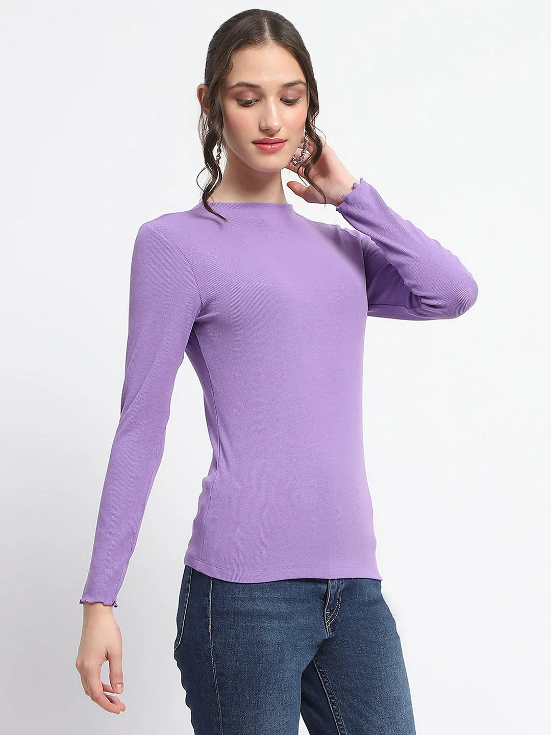 Basic Core Madame High Neck Full Sleeve Solid Purple Top