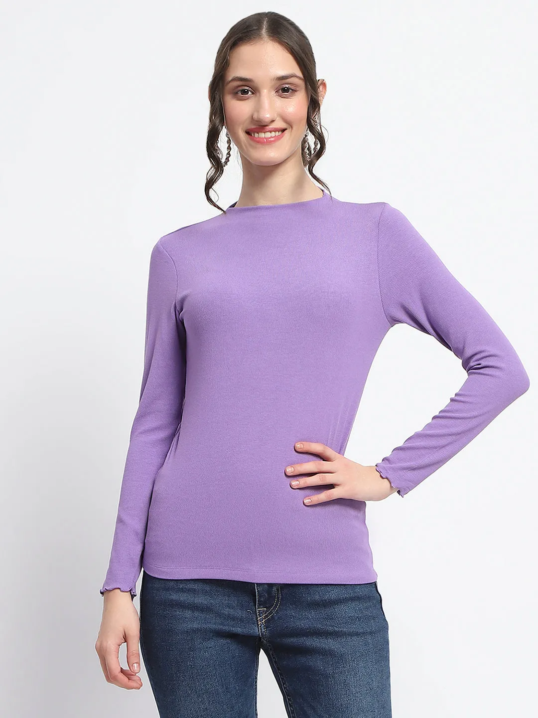 Madame High Neck Full Sleeve Solid Purple Top Photo Glam
