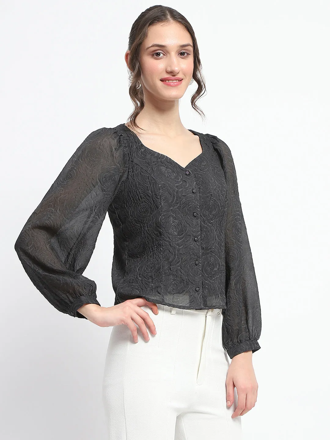 Madame Floral Print Queen Anne Neck Buttoned Black Top WaterRepellent Finish Dream Core