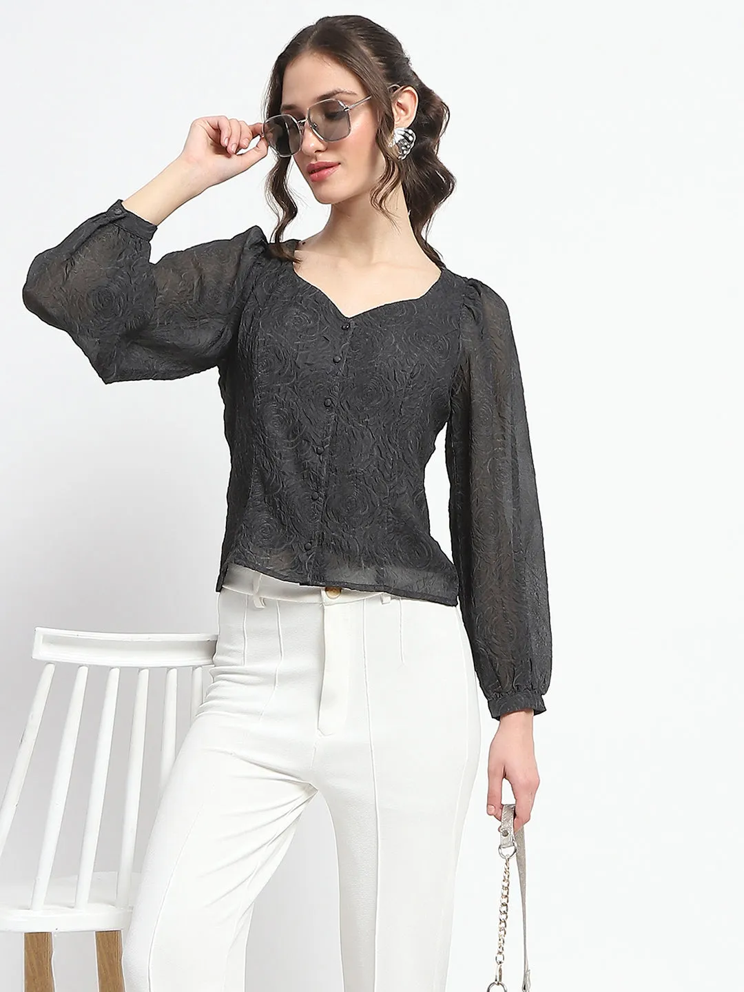 Meta Mood Teen Fresh Madame Floral Print Queen Anne Neck Buttoned Black Top