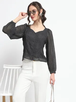 Meta Mood Teen Fresh Madame Floral Print Queen Anne Neck Buttoned Black Top