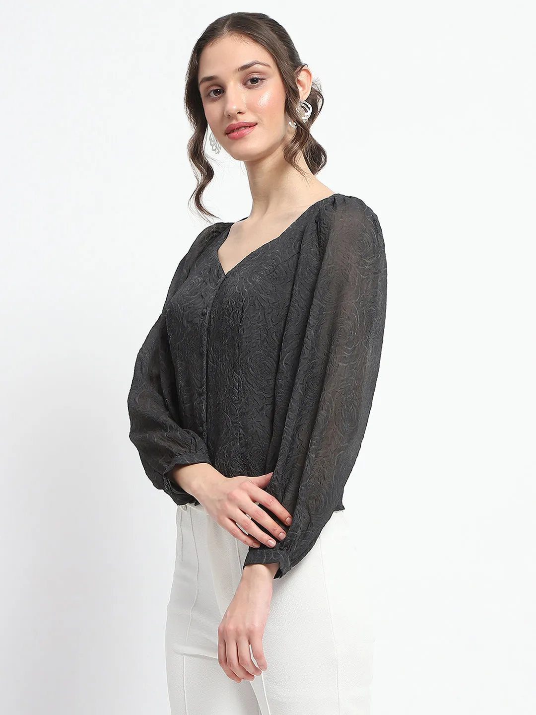 Madame Floral Print Queen Anne Neck Buttoned Black Top warm glow Clear Tone
