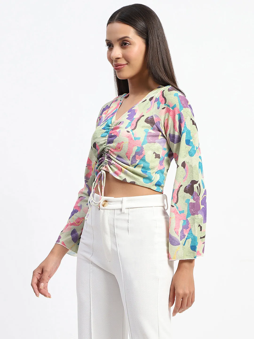 QuickDryDesign Madame Ruched Abstract Print Bell Sleeves Lilac Crop Top
