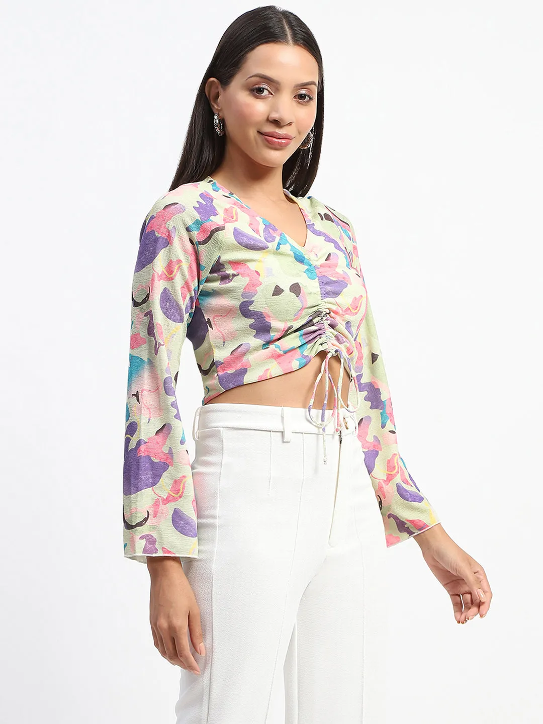 Elegant Layer Madame Ruched Abstract Print Bell Sleeves Lilac Crop Top