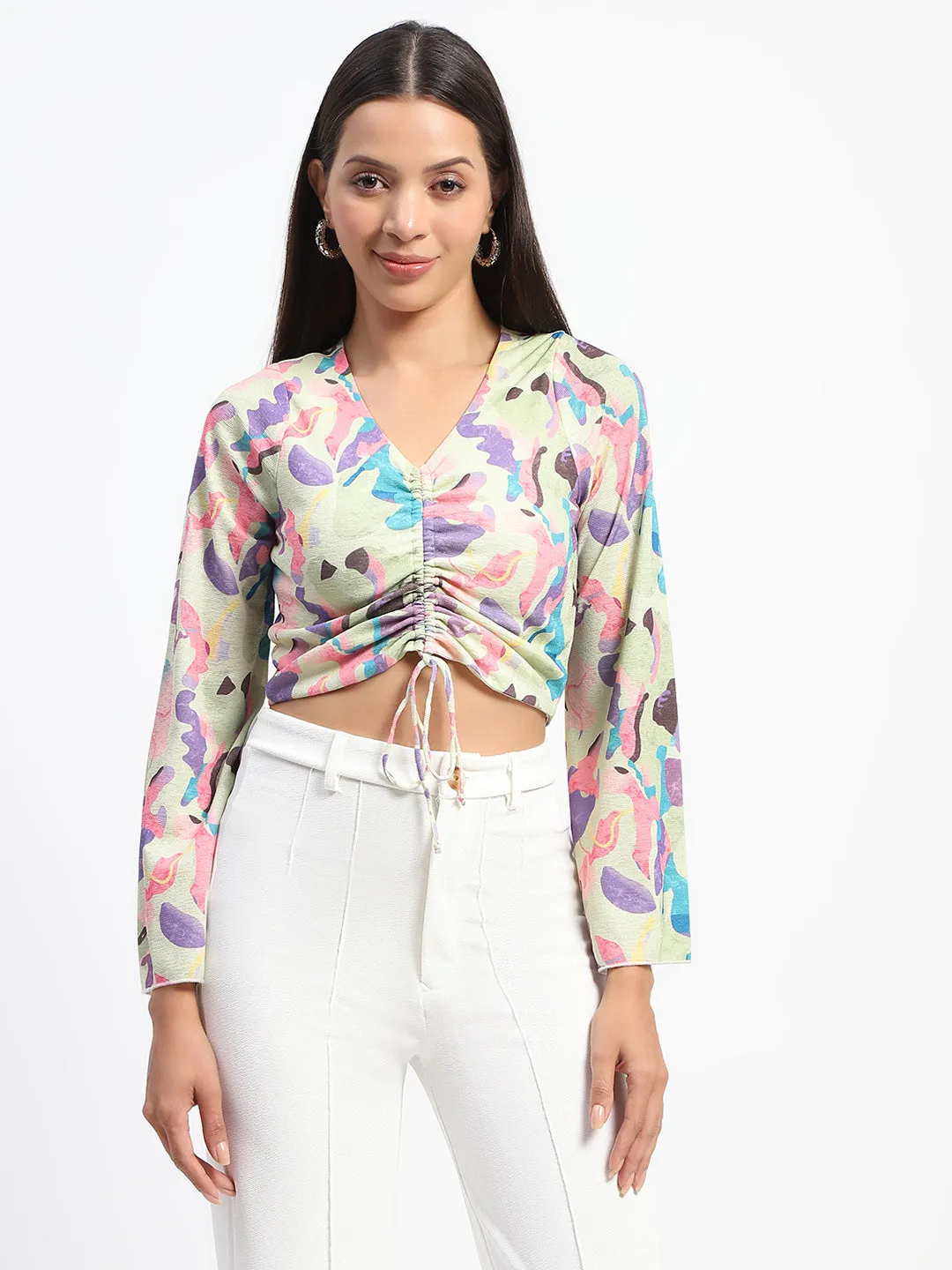 Madame Ruched Abstract Print Bell Sleeves Lilac Crop Top Opaque Tone Cozy Sweater