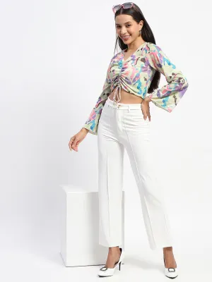 Layer Safe Fairy Mood Madame Ruched Abstract Print Bell Sleeves Lilac Crop Top