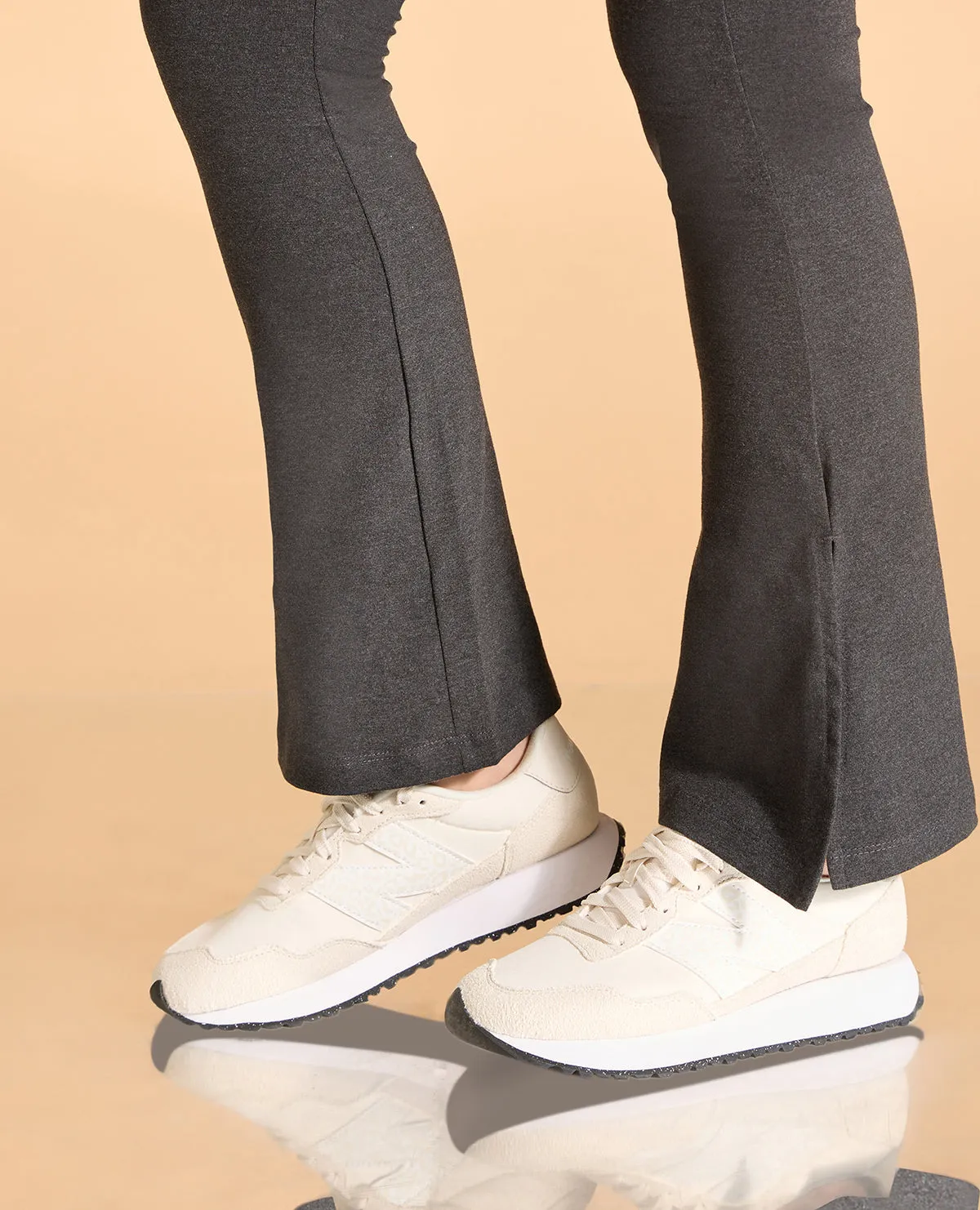 Women High Waist Cotton Side Slit Flared Pants Fitted waist