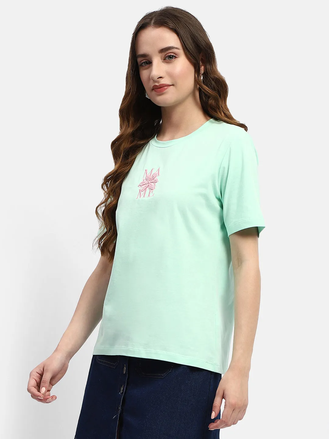 Madame Embroidered Mint Green Regular T-Shirt Chilly Day Essentials Active Style Trend