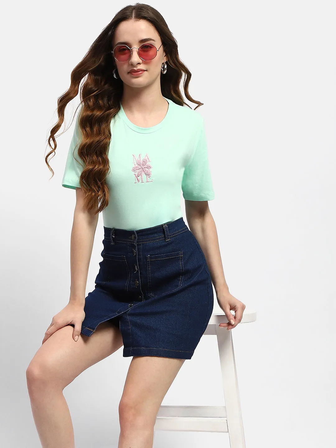 easy to pair Madame Embroidered Mint Green Regular T-Shirt