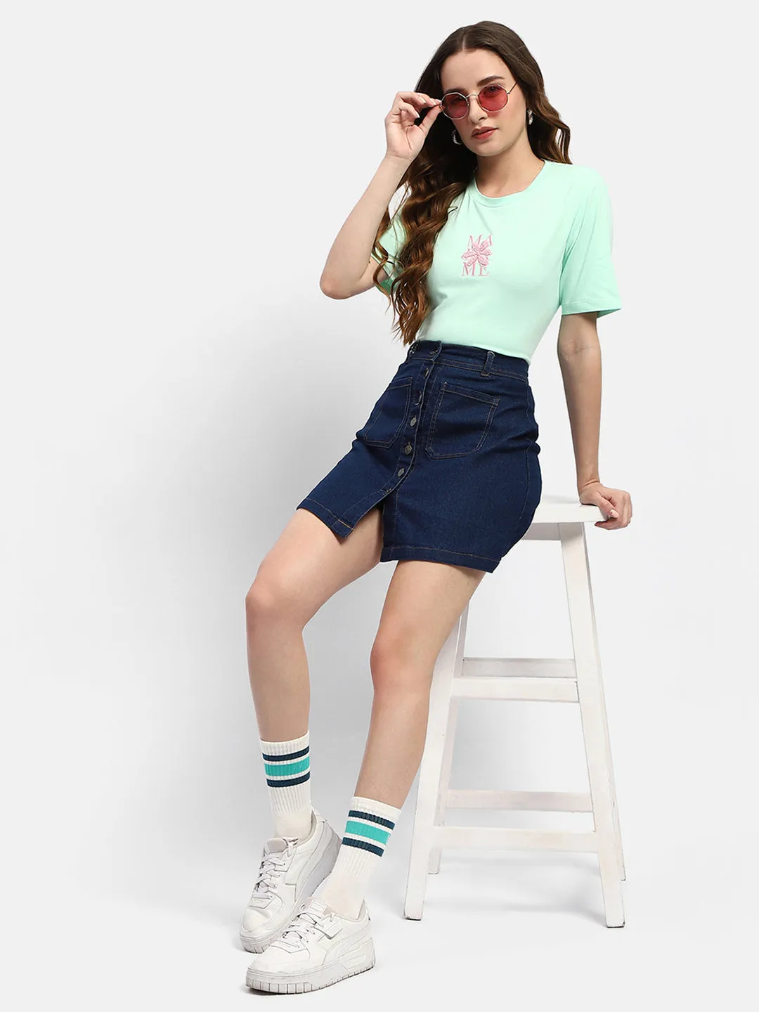 Timeless Appeal Madame Embroidered Mint Green Regular T-Shirt