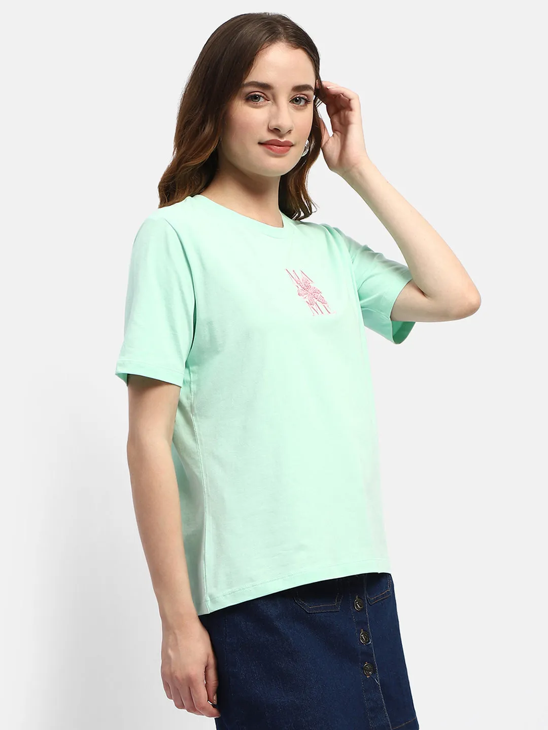 Madame Embroidered Mint Green Regular T-Shirt Comfort Wearable Easy Wear Look