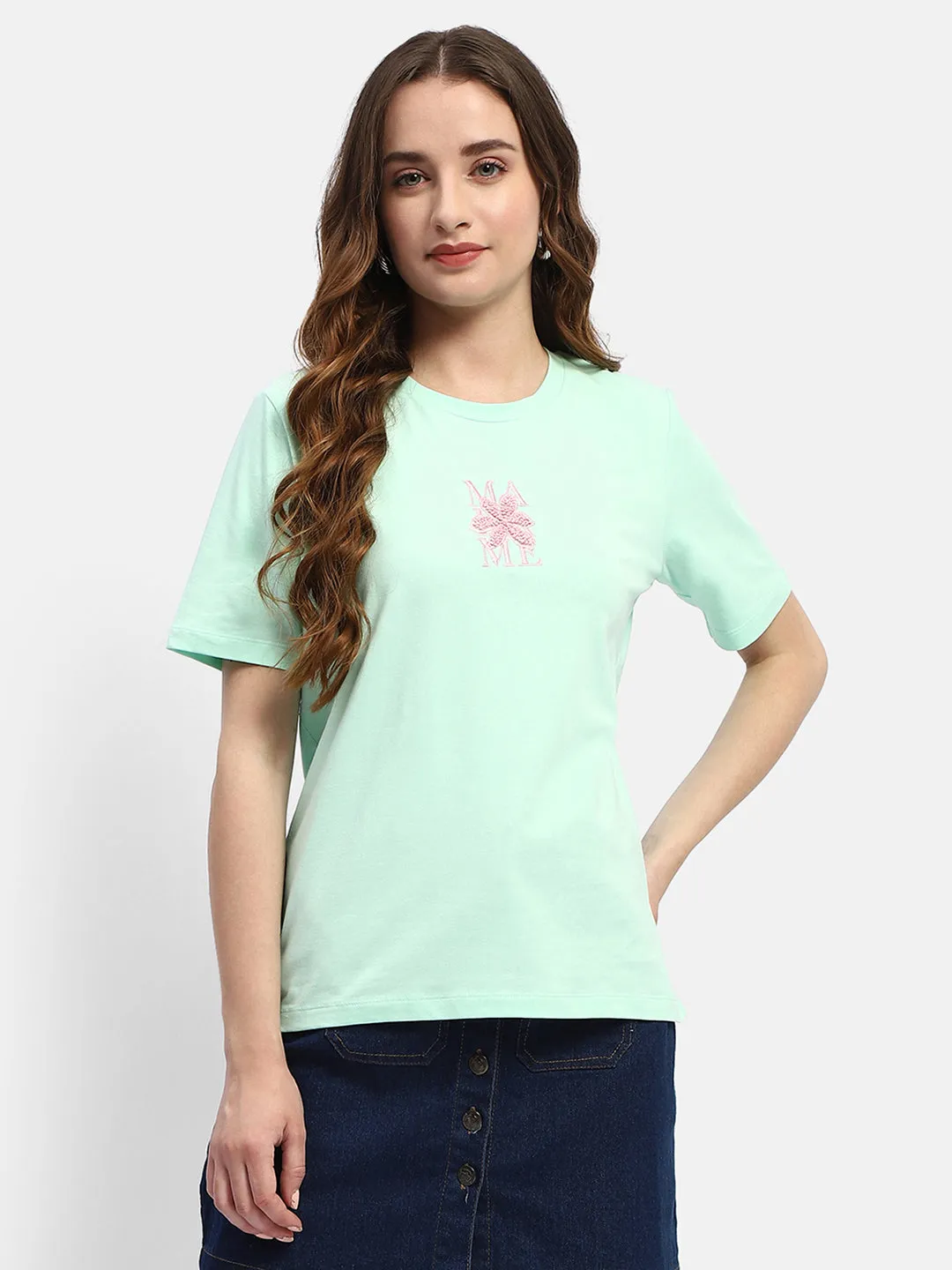 Madame Embroidered Mint Green Regular T-Shirt Easy Style Wear