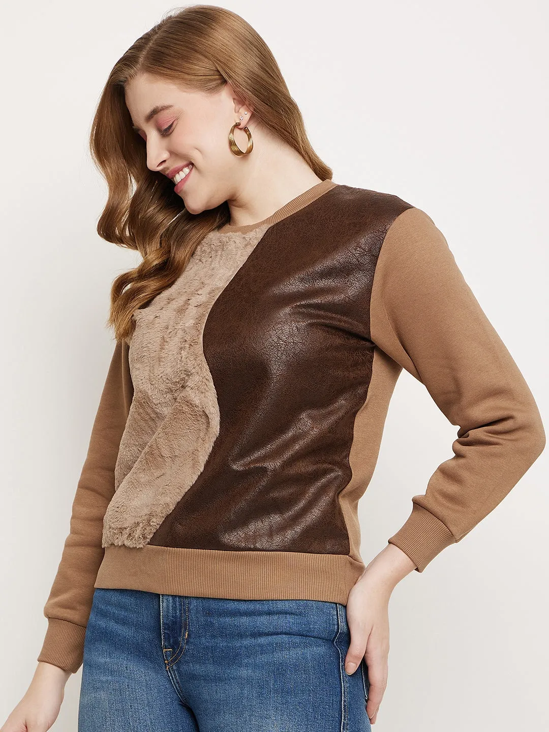 Madame Brown Fleece And Faux Leather Colourblocked Sweatshirt Petite Cut